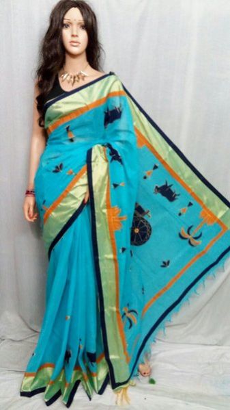 Sky Blue Background Handloom Cotton Sarees