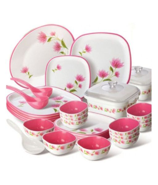 White & Pink Plastic Floral Dinner Set