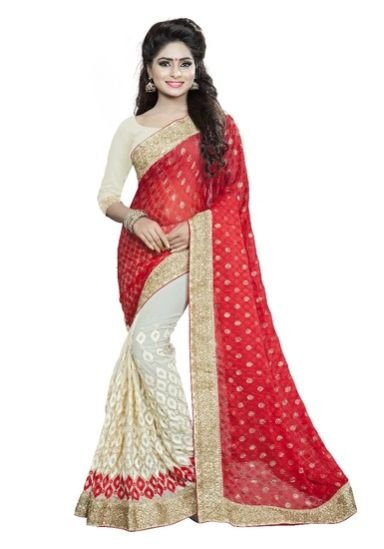 Red & Cream Patch Work Saree