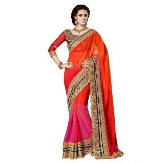 Red Patch Work Saree
