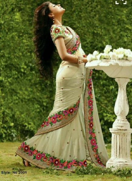 ivory Georgette Designer Saree