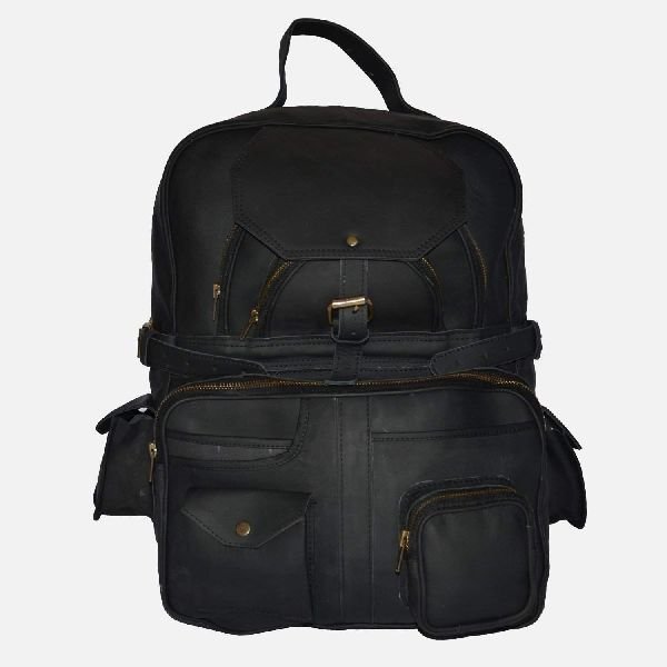 Large Black Leather Rucksack With Multiple Pockets Coburn 04