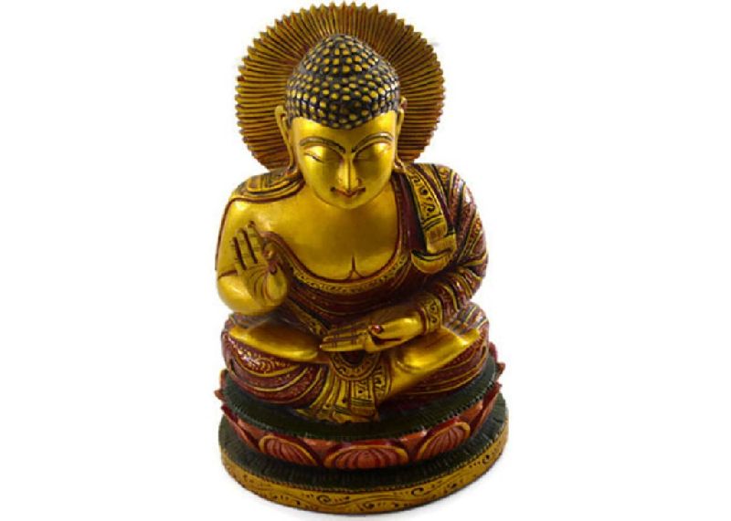 Handmade Kadam Wood Gold Work Buddha Statue 01
