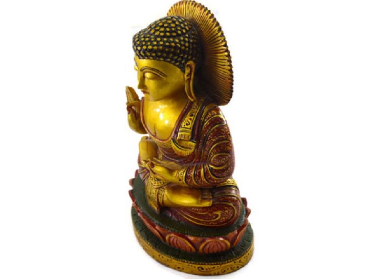Handmade Kadam Wood Gold Work Buddha Statue 02