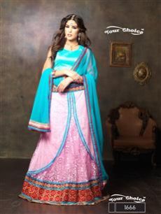 1666S Sky Blue and Pink Net Brasso Party Wear Lehenga Choli