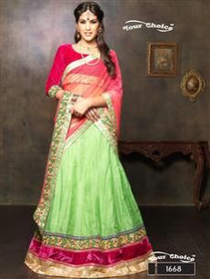 1668 Rose Red and Green Yellow Net Brasso Party Wear Lehenga Choli