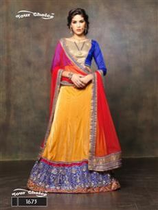 1673 Blue and Turmeric Yellow Net Brasso Party Wear Lehenga Choli