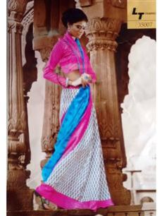 35007 Pink Blue & White Bhagalpuri Saree