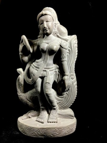 Apsara Holding Mirror Stone Statue
