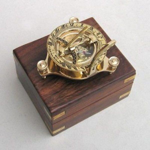 Nautical Brass Sundial Compass With Wooden Box 02