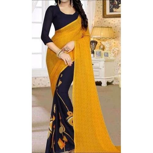 Yellow and Black Printed Georgette Saree 01