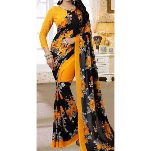 Yellow and Black Printed Georgette Saree 02