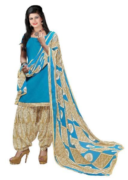 Printed Dress Material (Blue Cream Cotton)