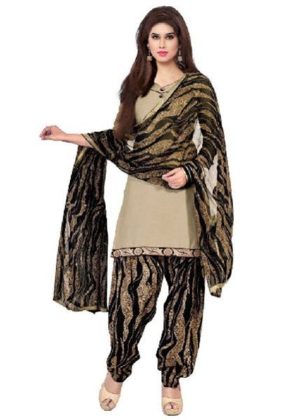 Printed Dress Material (Cream Black Cotton)