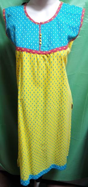Yellow Cotton Kurti with Blue Choli