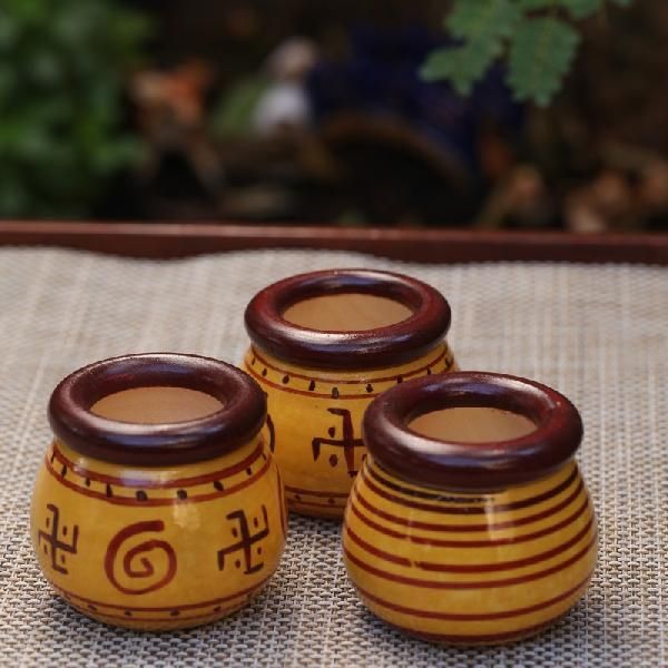 Kalaaplanet Wooden Yellow Decorative Pots - Set of 3
