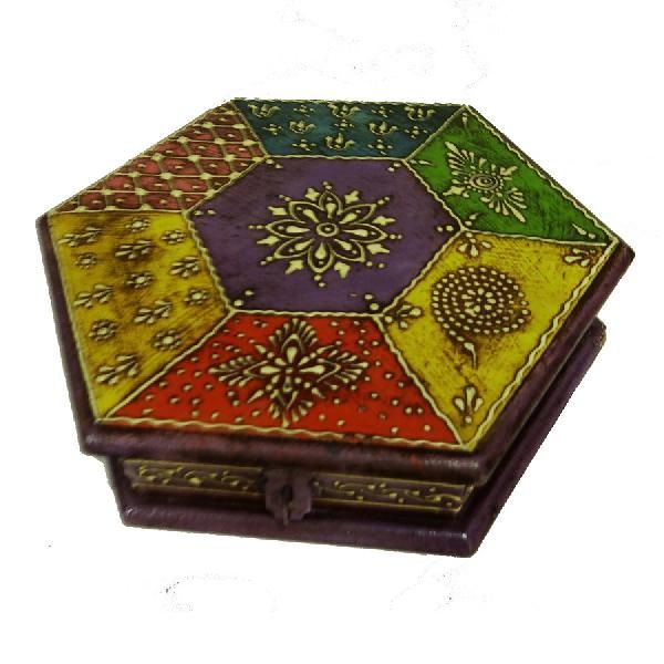 Hexagon Shape Wooden Jewelry Box with Enamel Work