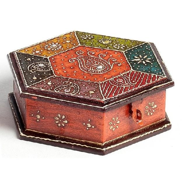 Multicolored Hexagon shape wooden Jewelry Box With Enamel Work