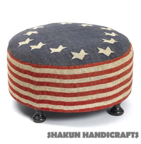 Wool Jute Kilim Round Pouf Ottoman (Item Code : BOWJ0030A)