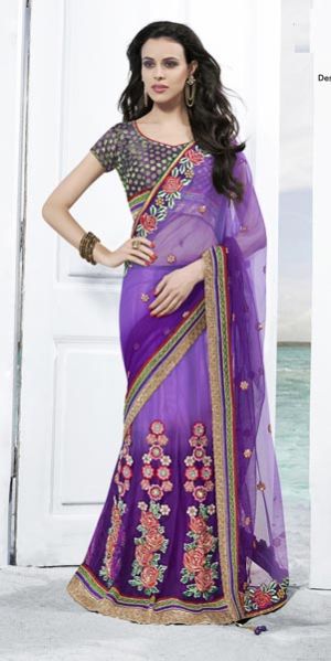 Bluish Purple Net Bridal Lehenga Saree