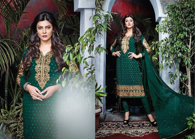 Bottle Green Georgette Straight Churidar Suit
