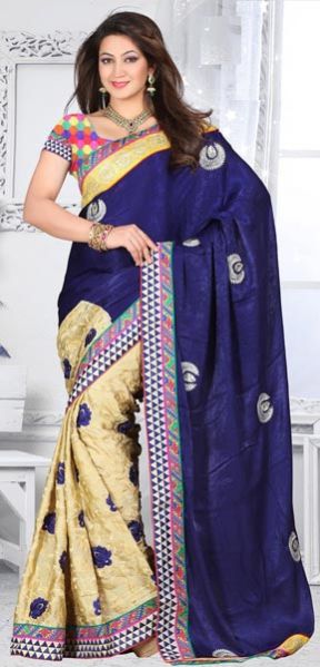 Cream & Navy Blue Chiffon Half And Half Saree
