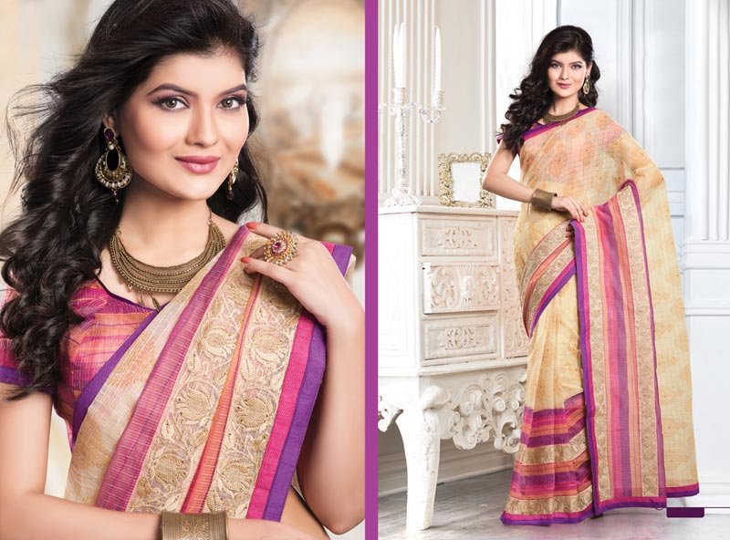 Cream Silk Designer Saree