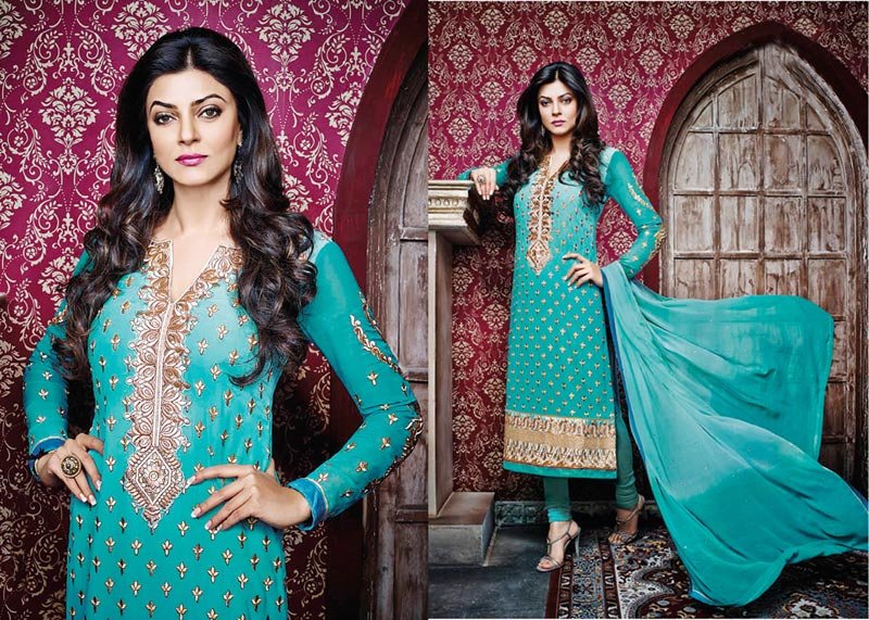 Cyan Blue Georgette Straight Churidar Suit