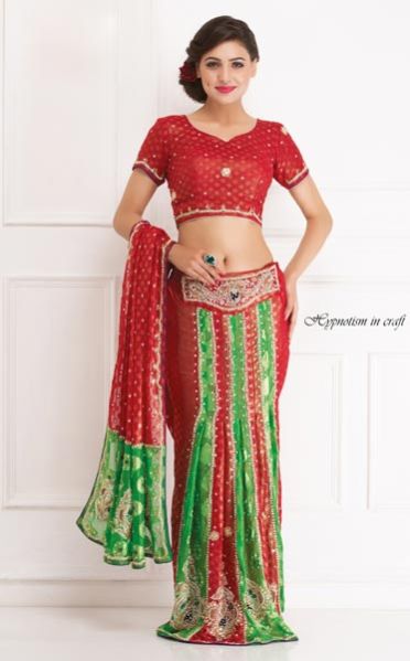 Green & Red Brasso Bridal Lehenga Saree