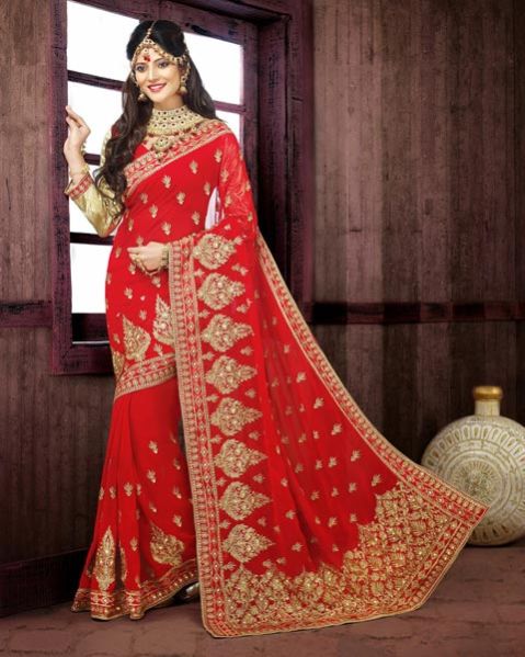 Red Chiffon Bridal Lehenga Saree