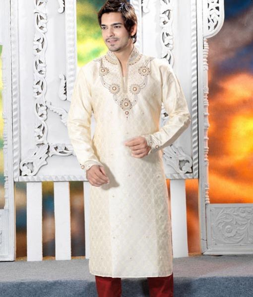 Off White Embroidered Kurta Pajama