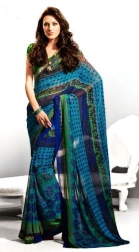 Chiffon Cyan Printed Casual Wear Saree