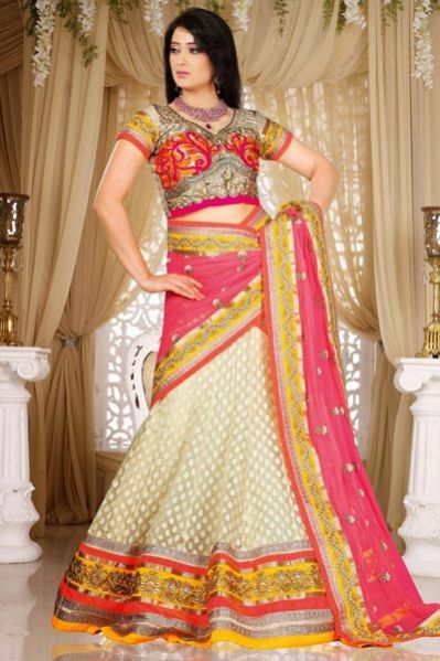 Jacquard  Net Cream Bridal Lehenga
