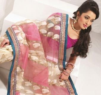 Super Net Butter Cream & Deep Pink Saree