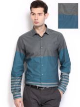 Men Grey and Teal Blue Slim Fit Formal Shirt