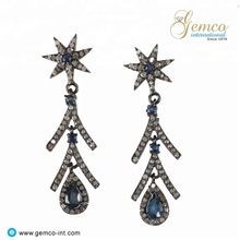 Blue Sapphire Pave Diamond Dangle Earrings