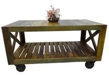 Rustic Solid Wood Coffee Table with Wheels