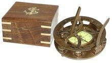 Brass Sundial Compass in Wooden Box,