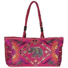Women Elephant Patch Hand Bag, Mirror Work Cotton Bag