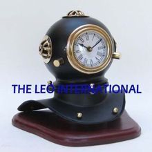 Decorative Nautical Diving Helmet with Clock on Wooden Base