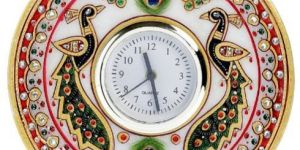 Kundan Work Round Shaped Marble Peacock Motif Clock