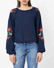 Women Embroidered Long Puff Sleeve Blouse