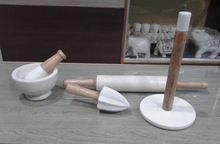 Marble with Wood Kitchen Accessories White Marble
