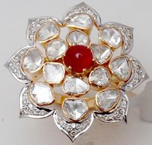 Uncut Diamond Polki Studded Red Ruby Designer Flower Jadau Ring