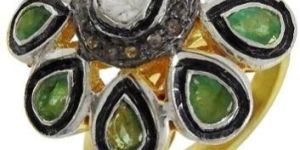 925 Sterling Silver Jewellery Ethnic Diamond, Inlay, Emerald Ring
