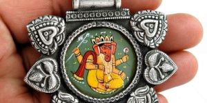 Antique Look Glass Painting Pendant Oxidised 925 Sterling Silver Jewelry