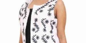 Solid White Cotton Party Wear Black Embroidery Jacket