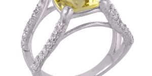 Lemon Quartz and CZ Silver Engagement Ring