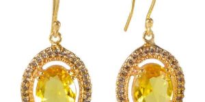 Yellow Gemstone and White Cubic Zirconia Gold Plated Fashion Designer Drop and Dangle Earring