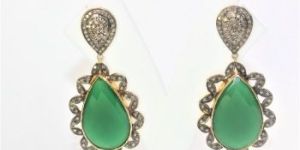 GREEN ONYX ONEX DIAMOND POLKI 925 SILVER GOLD PLATED BLACK HANDMADE EARRING